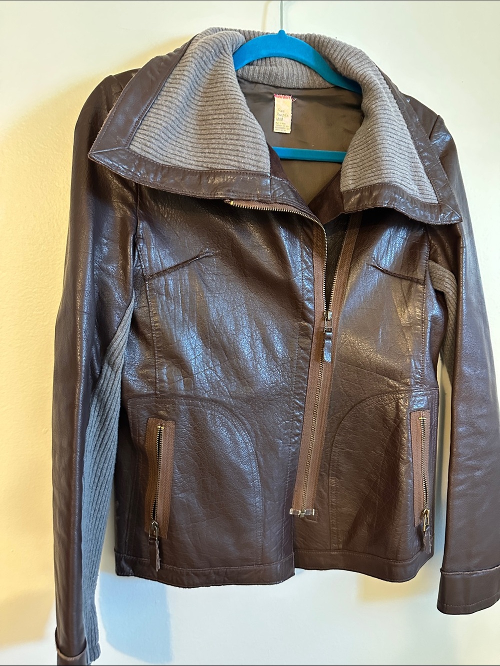 Vintage Free People Brown Leather Jacket with Ribbed Collarww - Women